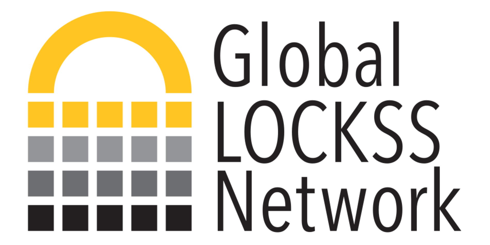 Logo of the Global LOCKSS Network, consisting of an abstract grid of black, gray, and yellow squares in the shape of a padlock and the words "Global LOCKSS Network" stacked vertically on the right side