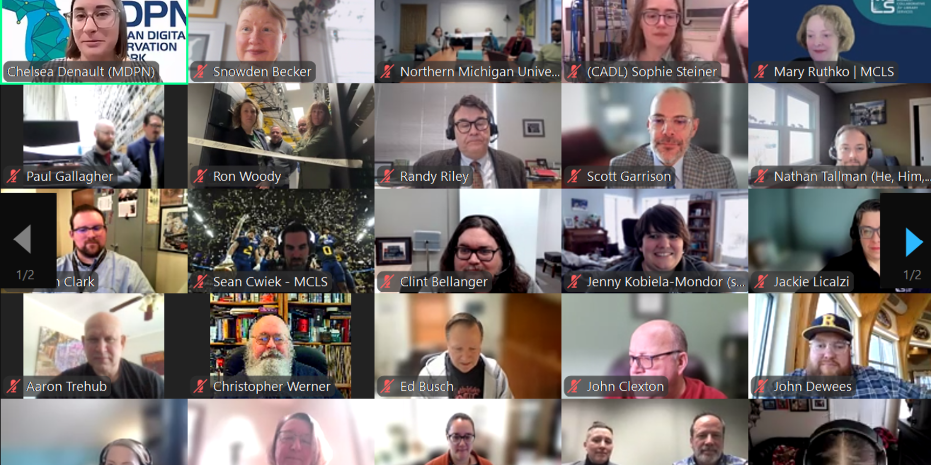Screen capture of a very full Zoom meeting window tiled with participants' faces.